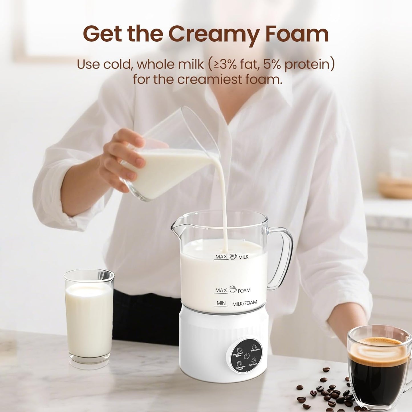 Casimhu 4-in-1 Milk Frother, Electric Milk Frother and Steamer with LED Touch Screen, Non-stick Bottom, Milk Warmer 13.52oz for Lattes, Cappuccinos, and Macchiatos at Home, White