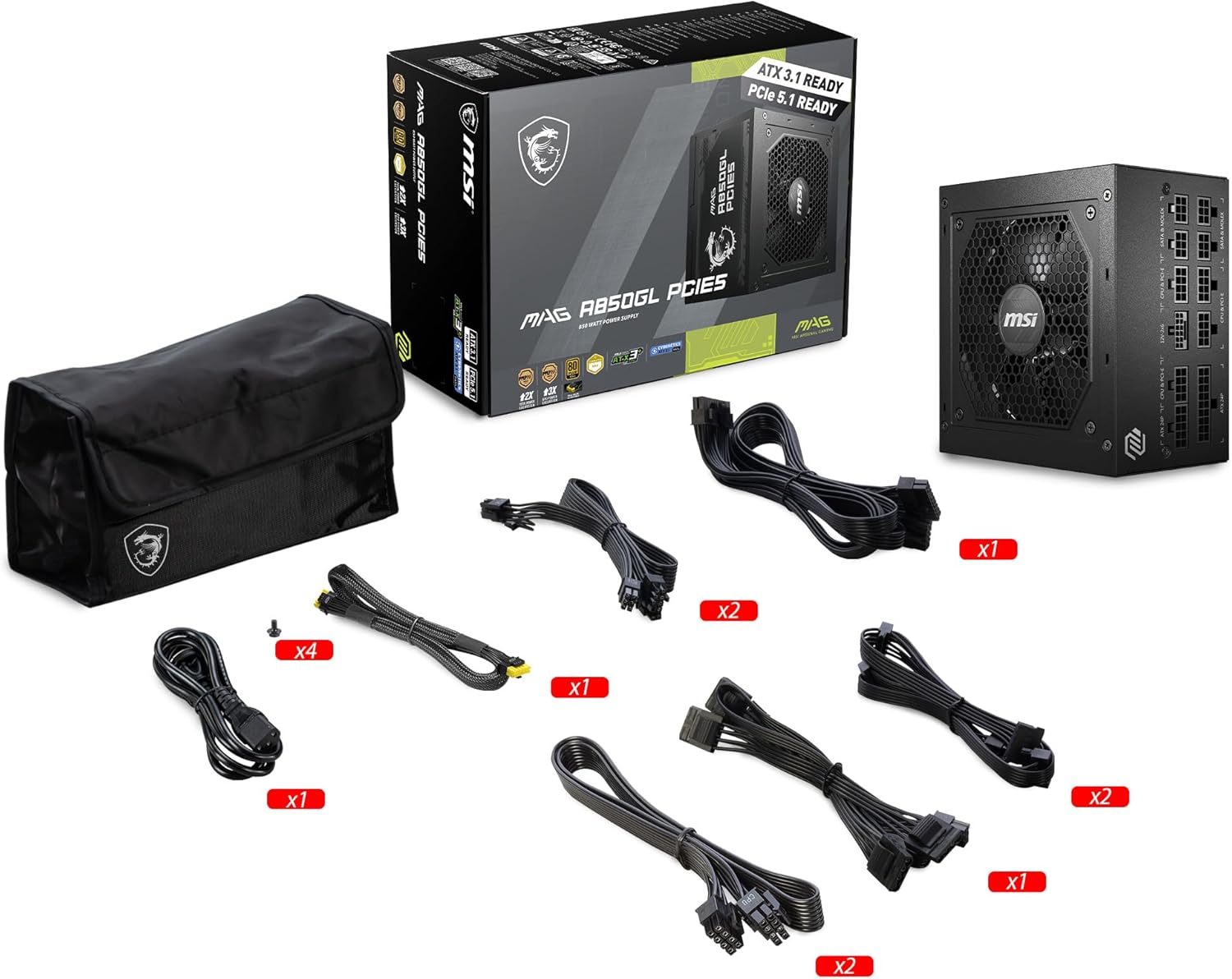 MSI MAG A750GL PCIE 5 Gaming Power Supply - Full Modular - 80 Plus Gold Certified 750W - Compact Size - ATX PSU - PuriLite