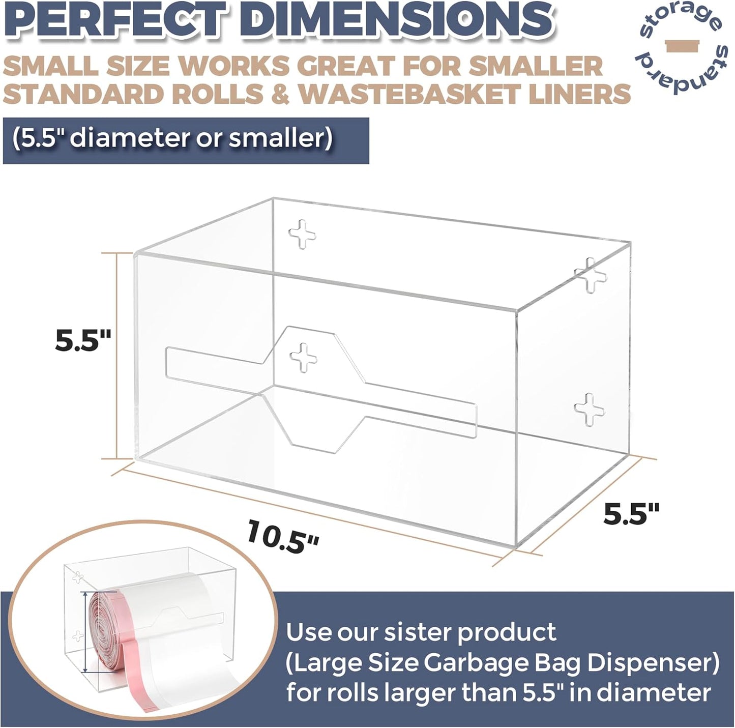 Acrylic Trash Bag Holder Dispenser, Clear Open-Side Garbage Bag Roll Organizer for Cabinet, Wall or Countertop Storage - PuriLite