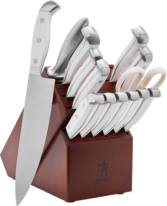 HENCKELS Statement 15Piece White-Handled Knife Block Set with Shears, Sharpening Steel - Dishwasher Safe, Ergonomic Handle