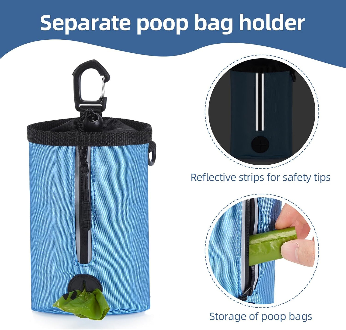 Ownpets Dog Treat Pouch, Pet Training Treat Bag with Drawstring Closure Design, Dog Treat Bag for Dogs Walks,Outdoor Activities, with Poop Bag Dispenser& Reflective Strip, 825ml Capacity (Blue)