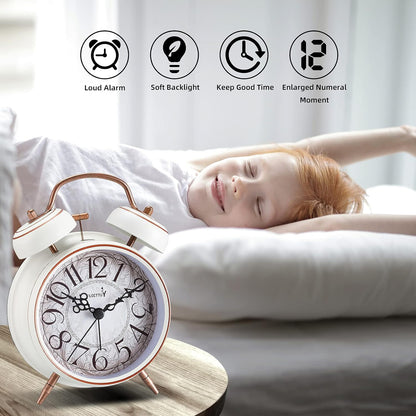 FLOITTUY Loud Alarm for Deep Sleepers 4'' Retro Twin Bell Alarm Clock with Backlight for Bedroom and Home Decoration(Retro White)