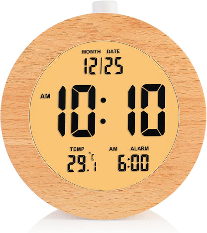 Plumeet Wooden Digital Alarm Clock for Bedrooms, Wood 4'' Battery Powered Alarm Clock with Snooze and Nightlight, Electronic LCD Desk Clock Display Time, Date, Temp, 12/24H, Wood Décor (Sapele, 3.2'')