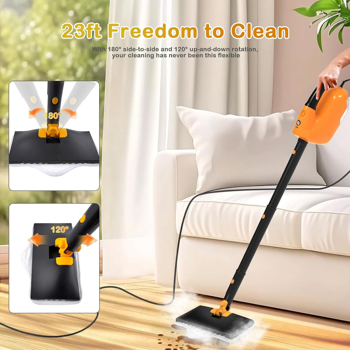 All-in-one Steam Mop Floor Cleaning with 23FT Cord, 12OZ Removable Tank
