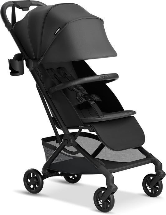 Mompush Velo Lightweight Travel Stroller – One-Hand Fold, Ultra-Compact & Airplane Friendly, Lie-Flat Recline Seat (from Birth to 50 lbs), Includes Cup Holder, Shoulder Strap, and Leather Bumper Bar