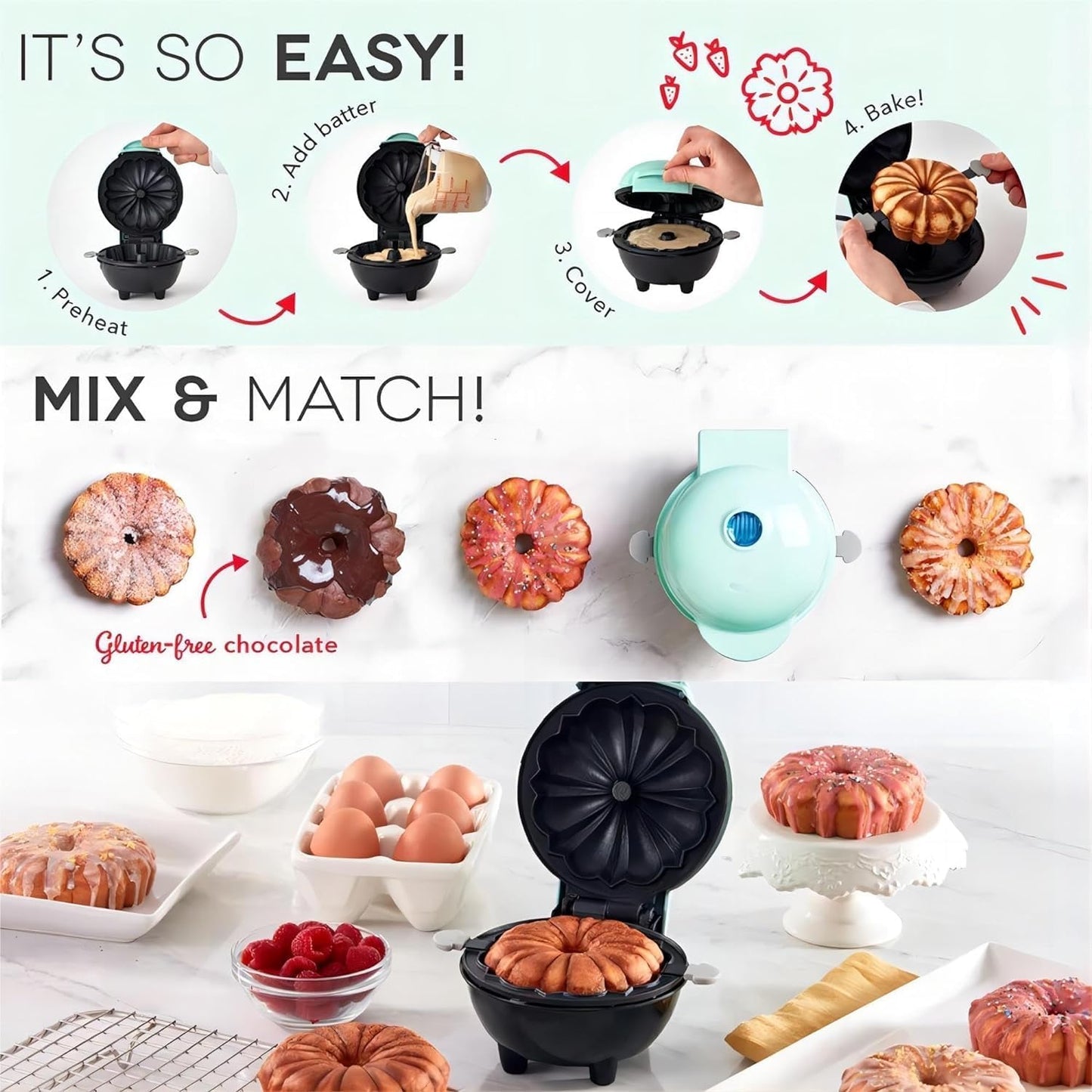Mini Maker Waffle Maker 5“ Non-Stick Waffler Iron Stuffler Stuffed Wafflera Adjustable Browning Control, Heart, Azure