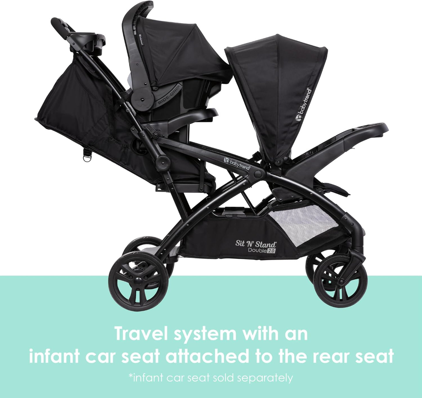 Baby Trend Sit n Stand Double 2.0 Stroller - Convertible Multi-Use Easy Fold Travel Toddler & Baby Tandem Double Stroller with Safety Harness and Storage Basket - Dash Black