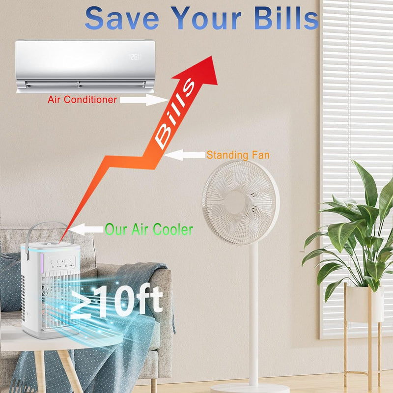 Portable Air Conditioners Fan with Remote, 4-in-1 Portable AC with 1500ml Water Tank, 3 Wind Speeds, 6H Timer, 2 Cool Mist, 7 Lights, Personal Mini Air Conditioner for Room Bedroom Office (Black)
