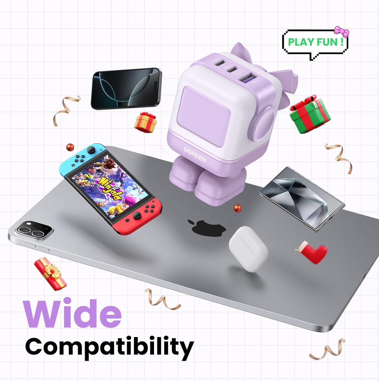 UGREEN Uno 65W USB C Charger, Nexode Robot GaN Fast Charger Block 3-Port, Compact Wall Charger Power Adapter for MacBook Pro/Air, iPhone 15 14 Pro, Galaxy S23 Ultra, Pixel 8, iPad, Steam Deck, Blue