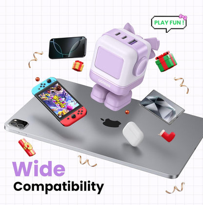 UGREEN Uno 65W USB C Charger, Nexode Robot GaN Fast Charger Block 3-Port, Compact Wall Charger Power Adapter for MacBook Pro/Air, iPhone 15 14 Pro, Galaxy S23 Ultra, Pixel 8, iPad, Steam Deck, Purple