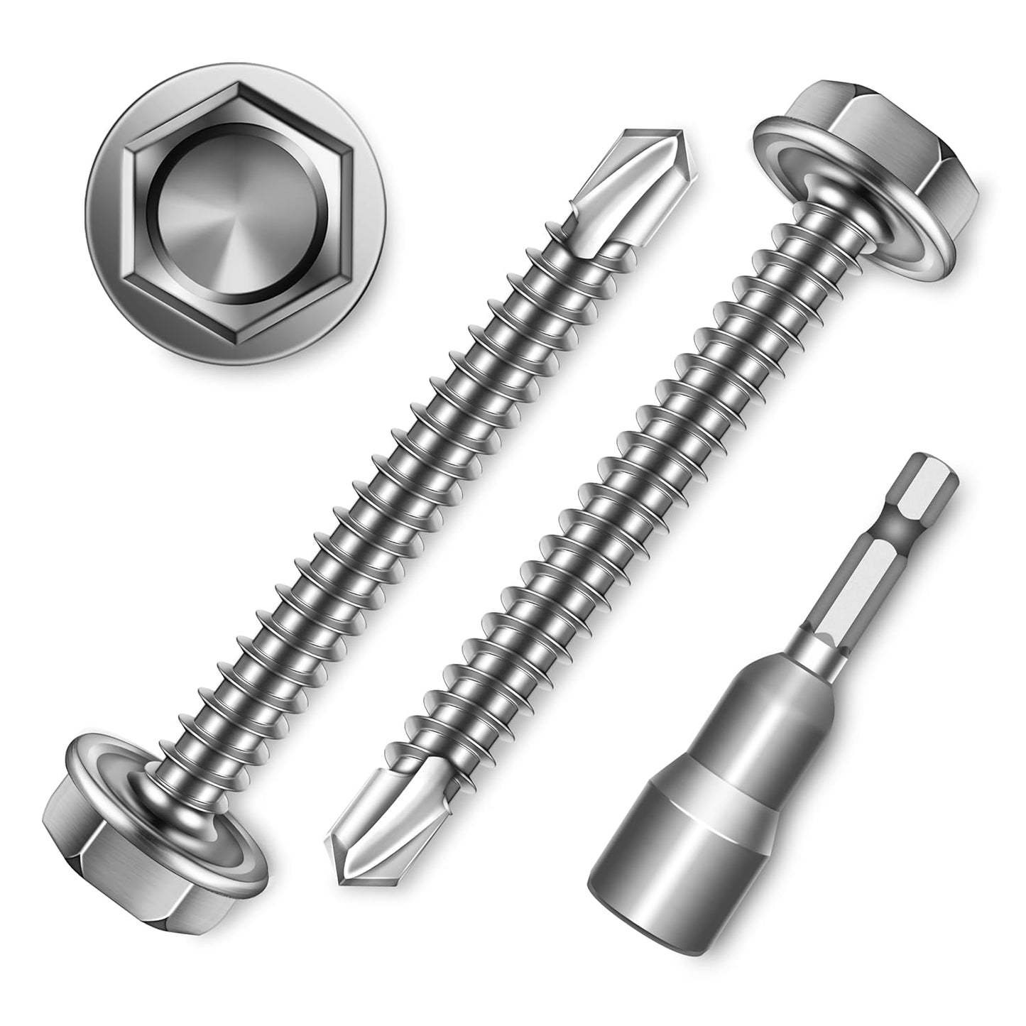 EASTPUK 100Pcs #8 x 1/2" Sheet Metal Screws, 410 Stainless Steel Self Drilling Hex Washer Head Self Tapping Screws for Metal with Drill Bit
