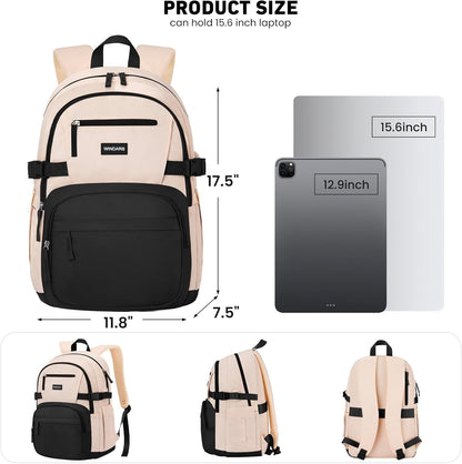 WINDARS Backpack for School Girls, Cute High School Backpacks for Teens Women Student Large Bookbag 15.6 Inch Laptop Bag with USB Charger Port for College Work Travel Trip (Beige Khaki)