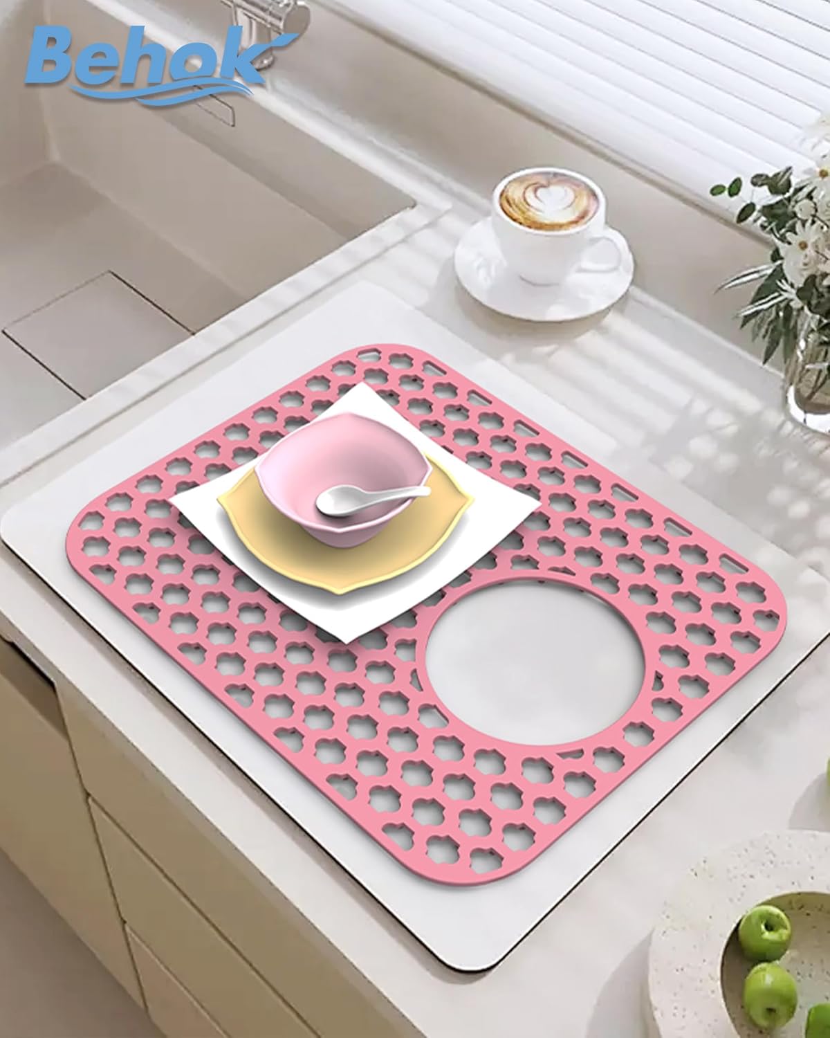 BEHOK 2 Pack Silicone Sink Protector for Kitchen Sink Bathroom Sink 13.58"x 11.6" Sink Mat, Non-Slip and Durable Silicone Sink Grid, Rear Drain (Gray)