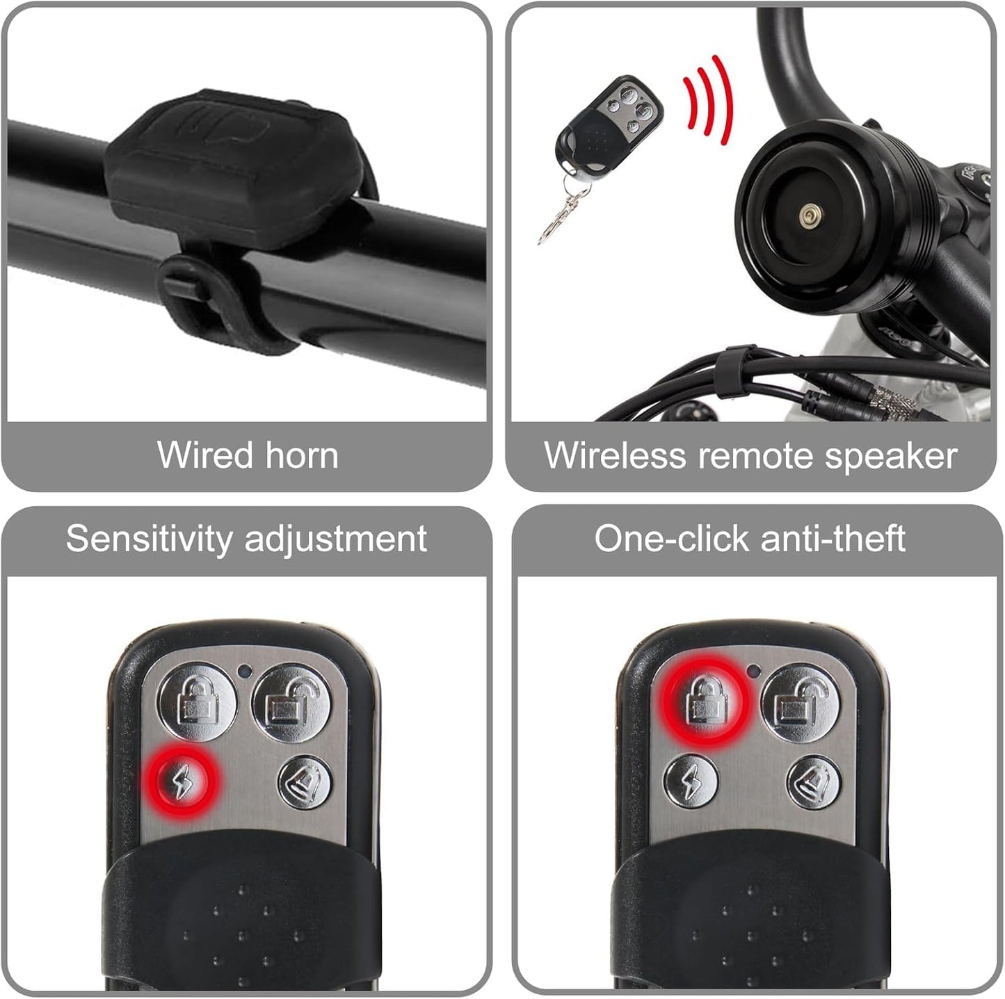 Waterproof Bike Alarm Horn w/Remote Controller - Eco-Friendly, USB Rechargeable, Anti-Theft & Vibration Alarm for e-Bike, MTB, Road Bikes, Scooters