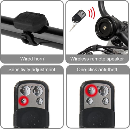 Waterproof Bike Alarm Horn w/Remote Controller - Eco-Friendly, USB Rechargeable, Anti-Theft & Vibration Alarm for e-Bike, MTB, Road Bikes, Scooters