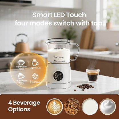 Casimhu 4-in-1 Milk Frother, Electric Milk Frother and Steamer with LED Touch Screen, Non-stick Bottom, Milk Warmer 13.52oz for Lattes, Cappuccinos, and Macchiatos at Home, White