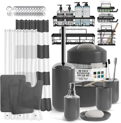 Clara Clark Bathroom Set - Gray Bathroom Accessories Set, Bathroom Sets with Shower Curtain and Rugs, 23PC Shower Curtain Set with Liner, Soap Dispenser, Soap Dish, Toilet Brush Holder, and Trash Can