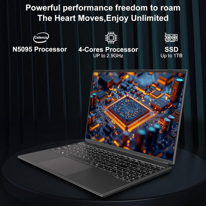 NOTODD Laptop 16" 12GB LPDDR4 512GB SSD Celeron N5095 Up to 2.9Ghz Quad-Core Win 11 PC 1920*1200 2K Screen Dual WIFI Support 2.5" HDD 1TB SSD Expand with Cooling Fan Numeric Keypad for Business-Blue
