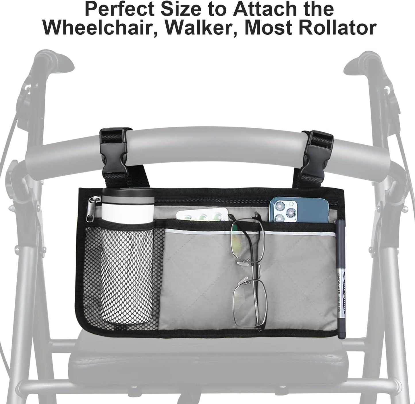 Wheelchair Side Bag, Wheelchair Armrest Storage Pouch with Cup Holder and Reflective Strip for Wheelchairs, Walkers or Rollators (Black)