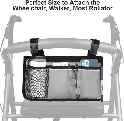 Wheelchair Side Bag, Wheelchair Armrest Storage Pouch with Cup Holder and Reflective Strip for Wheelchairs, Walkers or Rollators (Black)