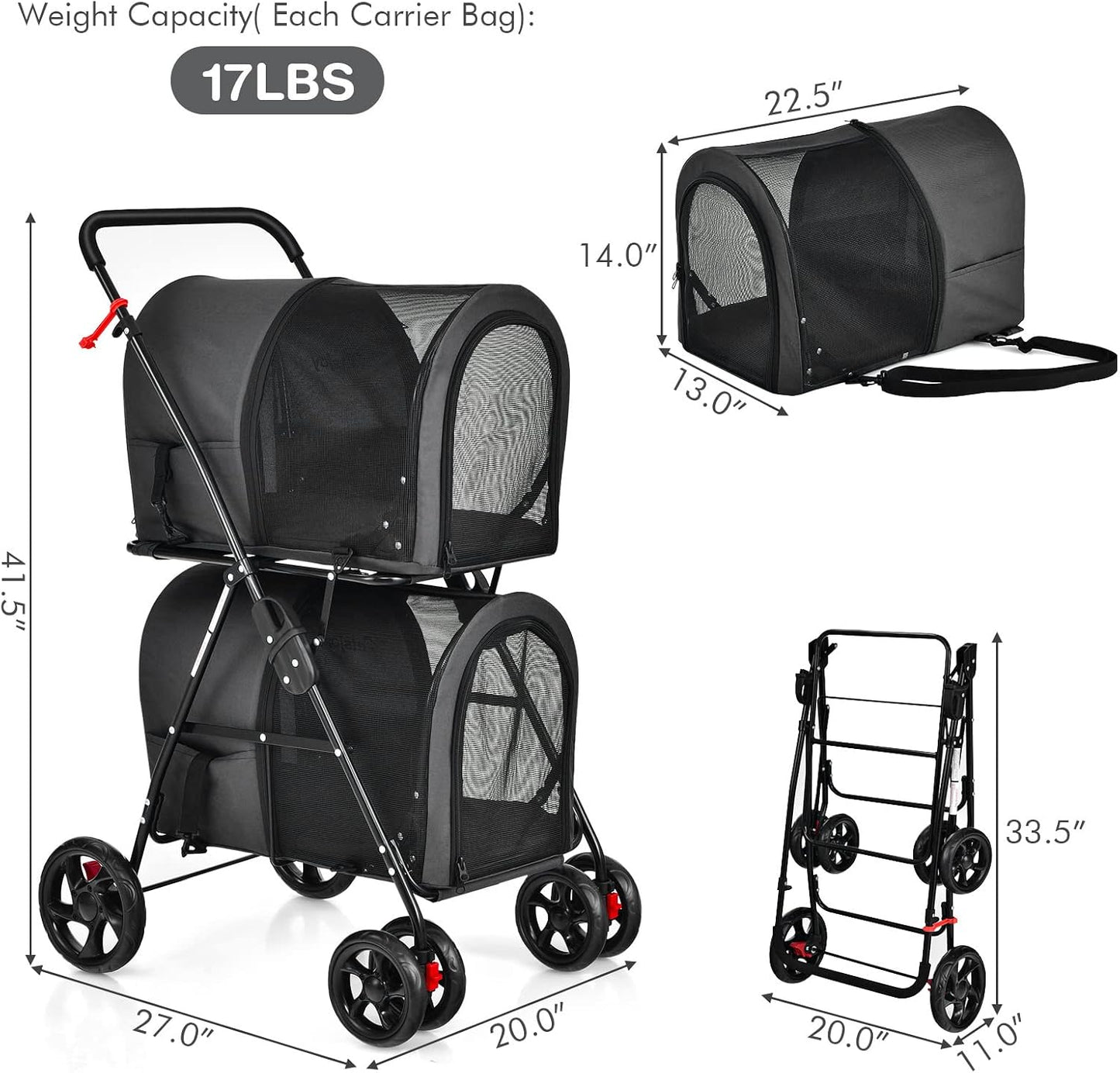 Giantex Double Pet Carrier with 2 Detachable Bags, Safety Belt, 4 Lockable Wheels, Cat & Dog Stroller, Folding Travel Carrier for Small & Medium Pets (Black)