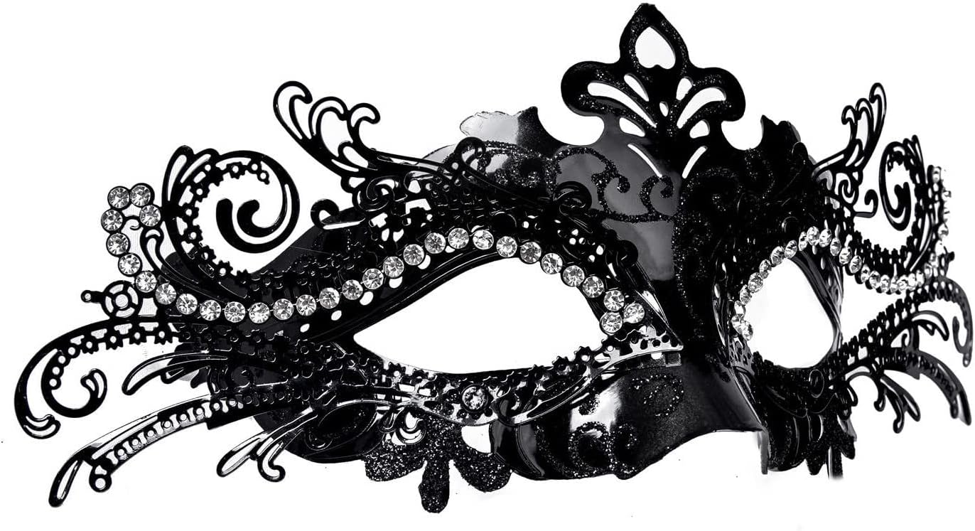 DIOLUF Masquerade Mask for Women Metal Mask Shiny Rhinestone Venetian Party Evening Prom Ball Mask Bar Costumes Accessory, Black and White, 9.05in**3.54in*3.14in
