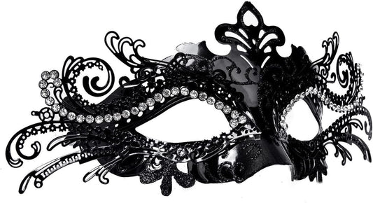 DIOLUF Masquerade Mask for Women Metal Mask Shiny Rhinestone Venetian Party Evening Prom Ball Mask Bar Costumes Accessory, Black and White, 9.05in**3.54in*3.14in