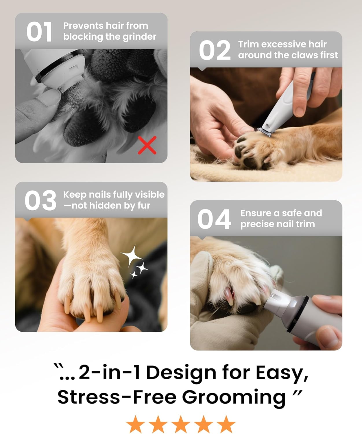 PAPMINI 2 in 1 Dog Nail Grinder Quiet and Dog Paw Trimmer, Rechargeable Electric Dog Nail Trimmer for Large Medium Small Dogs, Cordless Dog Hair Clippers for Paws, Ears, Eyes, Rump (White)