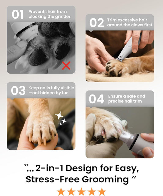 PAPMINI 2 in 1 Dog Nail Grinder Quiet and Dog Paw Trimmer, Rechargeable Electric Dog Nail Trimmer for Large Medium Small Dogs, Cordless Dog Hair Clippers for Paws, Ears, Eyes, Rump (White) - PuriLite