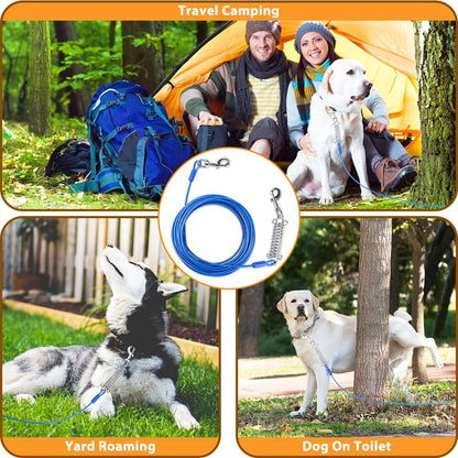 Petbobi Dog Tie-Out Cable 30ft - Outdoor Leash 4mm Metal Cable with Shock Absorbing Spring 360° Swivel Clips, Dog Chain for Yard Camping, Fit Small Medium Large Pets Up to 120lbs, Blue