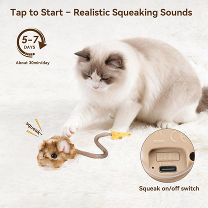 Migipaws Interactive MigiMouse Cat Toy 360° Rolling & Spin with Wiggling Tail for Indoor Cats Smart Motion Sensor, Realistic Squeak, Rechargeable Plush Kitten Toy (Brown Long Plush)