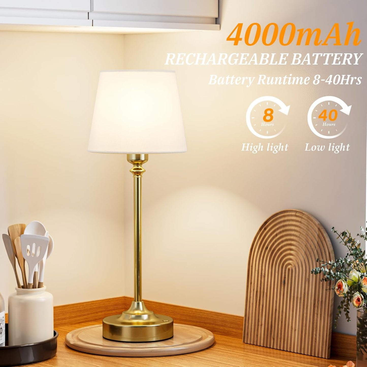 Rechargeable Cordless Table Lamp: 3000k Stepless Dimming, 1 Pack Brass 4000mAh Battery Operated Wireless Touch Lamp for Dining Table, Counter, Living Room, Bedroom
