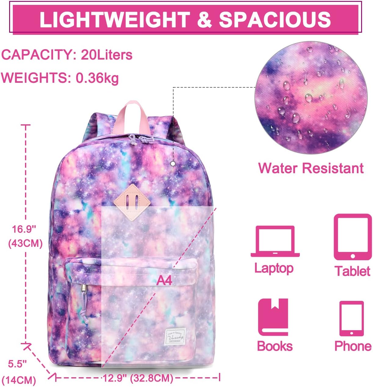 School Backpack for Kids, VASCHY Lightweight Water Resistant Casual Schoolbag Daypack for Men Women Teen Boys Girl Bookbag