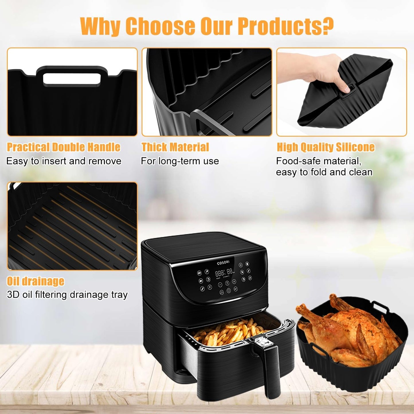 Silicone Air Fryer Liner, 2 PCS 9 Inch Square Air Fryer Basket Liners,Silicone Tray, Air Fryer Inserts for 6 to 9 QT, Reusable Air Fryer Accessories for Cosori Philips Ninja Oven Microwave