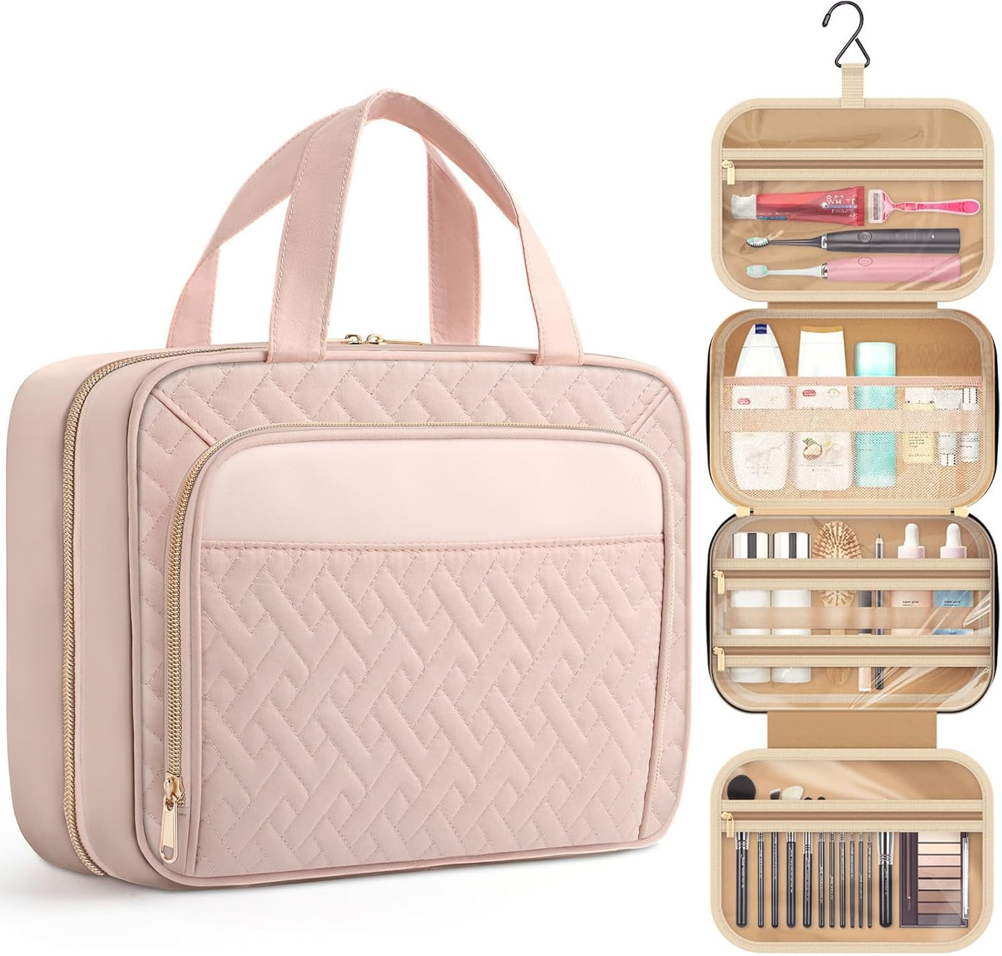 HOTOR Travel Toiletry Bag for Women - Spacious Toiletry Bag for Men, Waterproof Makeup Bag with Hanging Hook and Multiple Pockets, Travel Accessories, Travel Essentials, Black, Medium