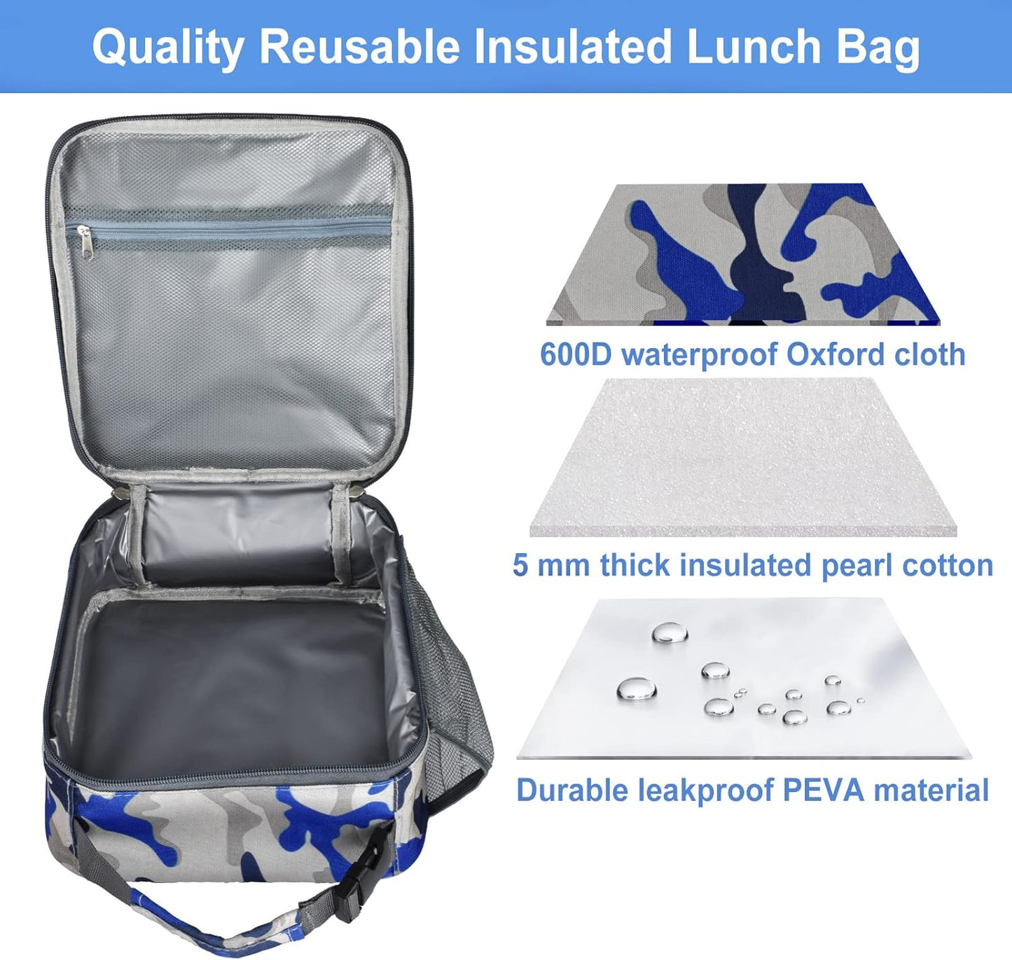Insulated Lunch Bag, Leakproof Portable Lunch Box for Women Men Boys Girls, Large Capacity Cooler Bag with Handle and Bottle Pocket for Office School Camping Hiking Outdoor Beach Picnic (Black)