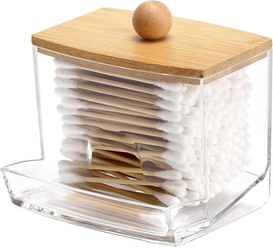 Large Clear Cotton Swab Holder with Bamboo Lid, Apothecary Bathroom Organizer for Qtips, Cotton Balls, Floss and Small Accessories - PuriLite