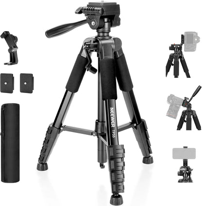 NEEWER BASICS Camera Tripod, 71'' Tripod with Cell Phone Holder Mount Compatible with iPhone for Video Recording, Professional Aluminum Lightweight Portable Travel Stand with 3 Way Pan Tilt Head, TP55