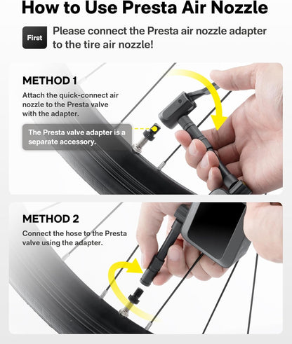 HOTO Air Pump Pocket, Mini Bike Tire Pump, 25s Fast Inflate Bike Pump Electric with Guage, 150PSI Portable Electric Bicycle Air Pump with Presta and Schrader Valve for Road Bike, Motorcycle, E-Bike