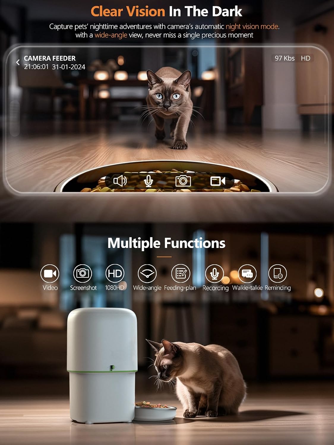 Yuposl Automatic Cat Feeder with Camera, 5G WiFi Cat Food Dispenser App Control 1080 HD Video with Night Vision, 4L Automatic Dog Feeder, Desiccant to Keep Dry Food Fresh, White
