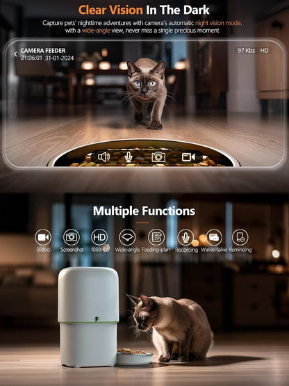 Yuposl Automatic Cat Feeder with Camera, 5G WiFi Cat Food Dispenser App Control 1080 HD Video with Night Vision, 4L Automatic Dog Feeder, Desiccant to Keep Dry Food Fresh, White