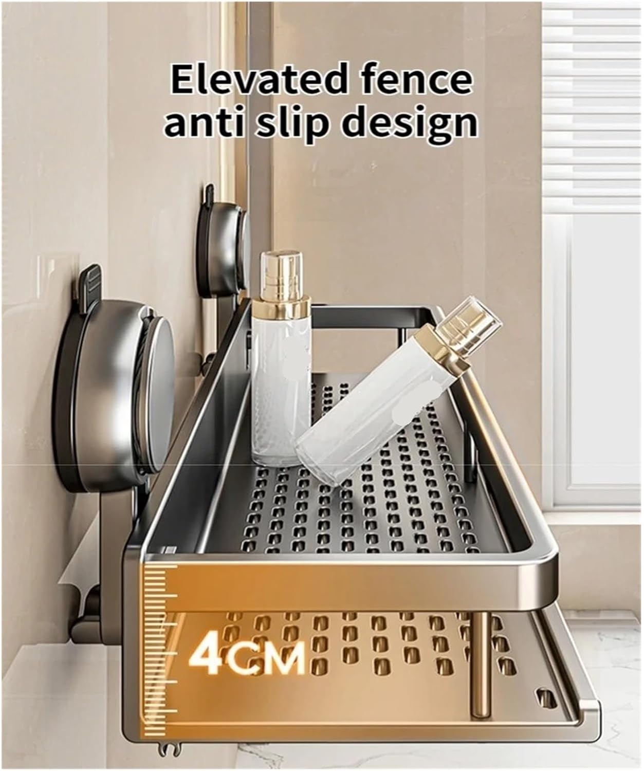 No Drill Bathroom Suction Cup Shelf, Shower Caddy Organizer for Shampoo & Soap