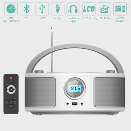 Portable CD Player Boombox with Bluetooth,FM Radio Stereo,USB MP3 Playback,CD-R/CD-RW/MP3-CD Compatible,3.5mm Headphone Jack, AC/Battery Powered, Programmable CD Player