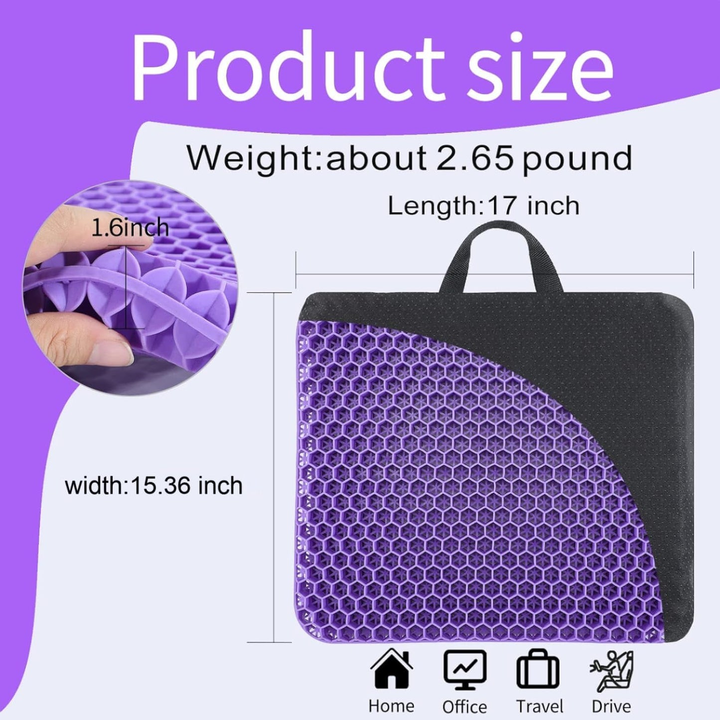 Gel Seat Cushion -for Long Sitting, Double Layer Breathable Honeycomb Chair Cushion with Non-Slip Cover for Help Relieve Pain, for Office Chair, Cars, Long Trips，Durable,Portable