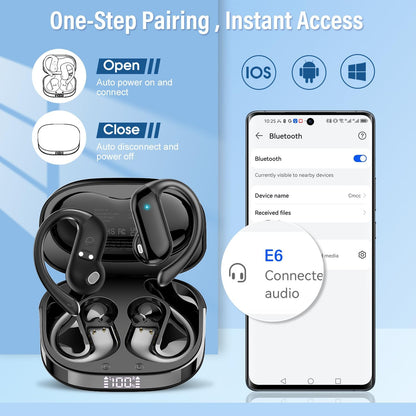 Open Ear Headphones, Bluetooth 5.4 Wireless Earbuds with HD Clear Calls, 32Hrs Immersive Stereo Air Conduction Earphones with Earhooks, LED Display, IPX7 Lightweight Open Ear Buds for Sports Blue