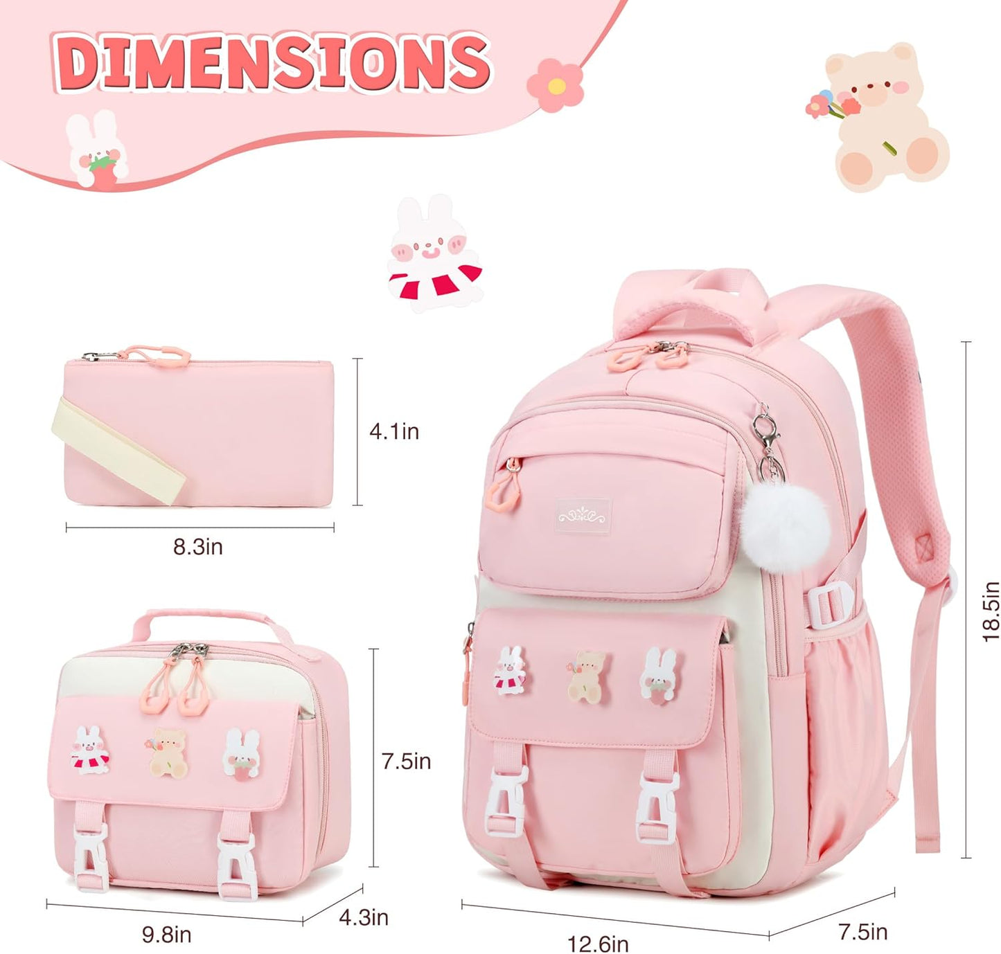 DIGOBAY Girls Backpack, School Backpack for Girls with Lunch Box Pencil Case Set for Teen Kids Girl Elementary Primary Middle High College School Bookbag with Cute Pins Pink