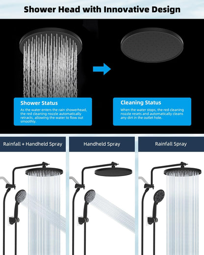 Metal Thickness Shower Head, 10'' High Pressure Rainfall Shower Head/Handheld Showerhead Combo with 12'' Adjustable Shower Extension Arm, 7-Spray, 71'' Hose, Showerhead Holder, Matte Black