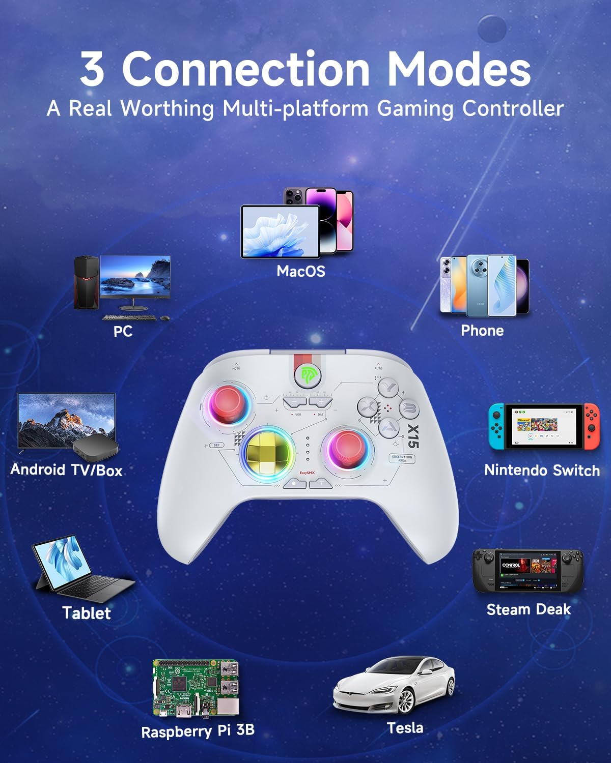 EasySMX X15 PC Controller - Enhanced Wireless Bluetooth Controller with Hall Joysticks/Hall Triggers/RGB Lighting - No Stick Drift, No Dead Zone - Work for Windows PC, Android, Steam and Switch