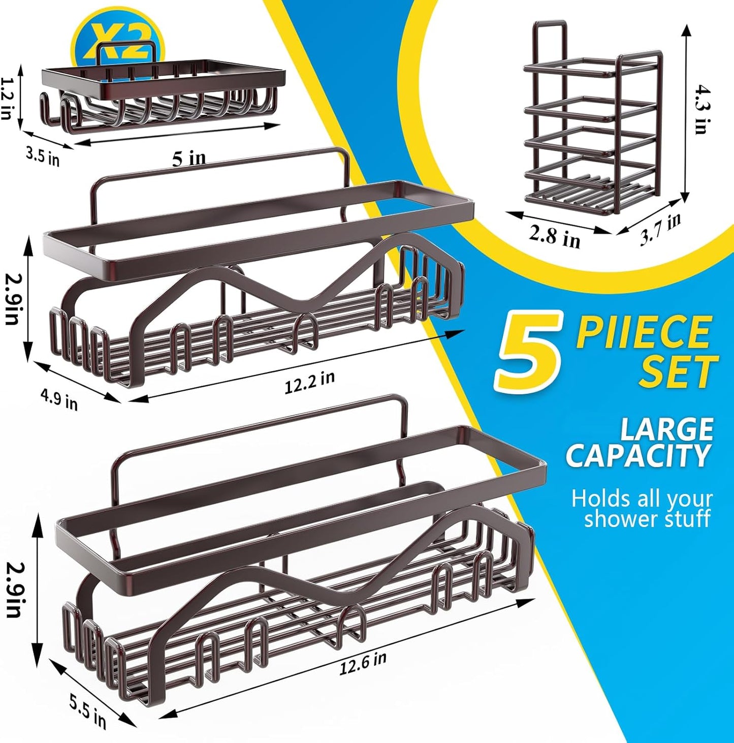 Coraje Adhesive Shower Caddy, 5-Pack Shower Shelves, Large Capacity Load Bearing 40 LBS Shower Organizer, No Drilling Shower Shelf, Rustproof Stainless Steel Bathroom Shower Storage, Black