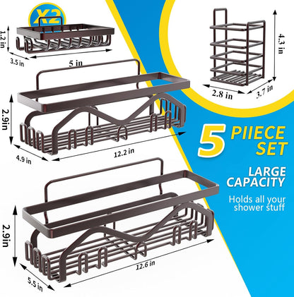 Coraje Adhesive Shower Caddy, 5-Pack Shower Shelves, Large Capacity Load Bearing 40 LBS Shower Organizer, No Drilling Shower Shelf, Rustproof Stainless Steel Bathroom Shower Storage, Black